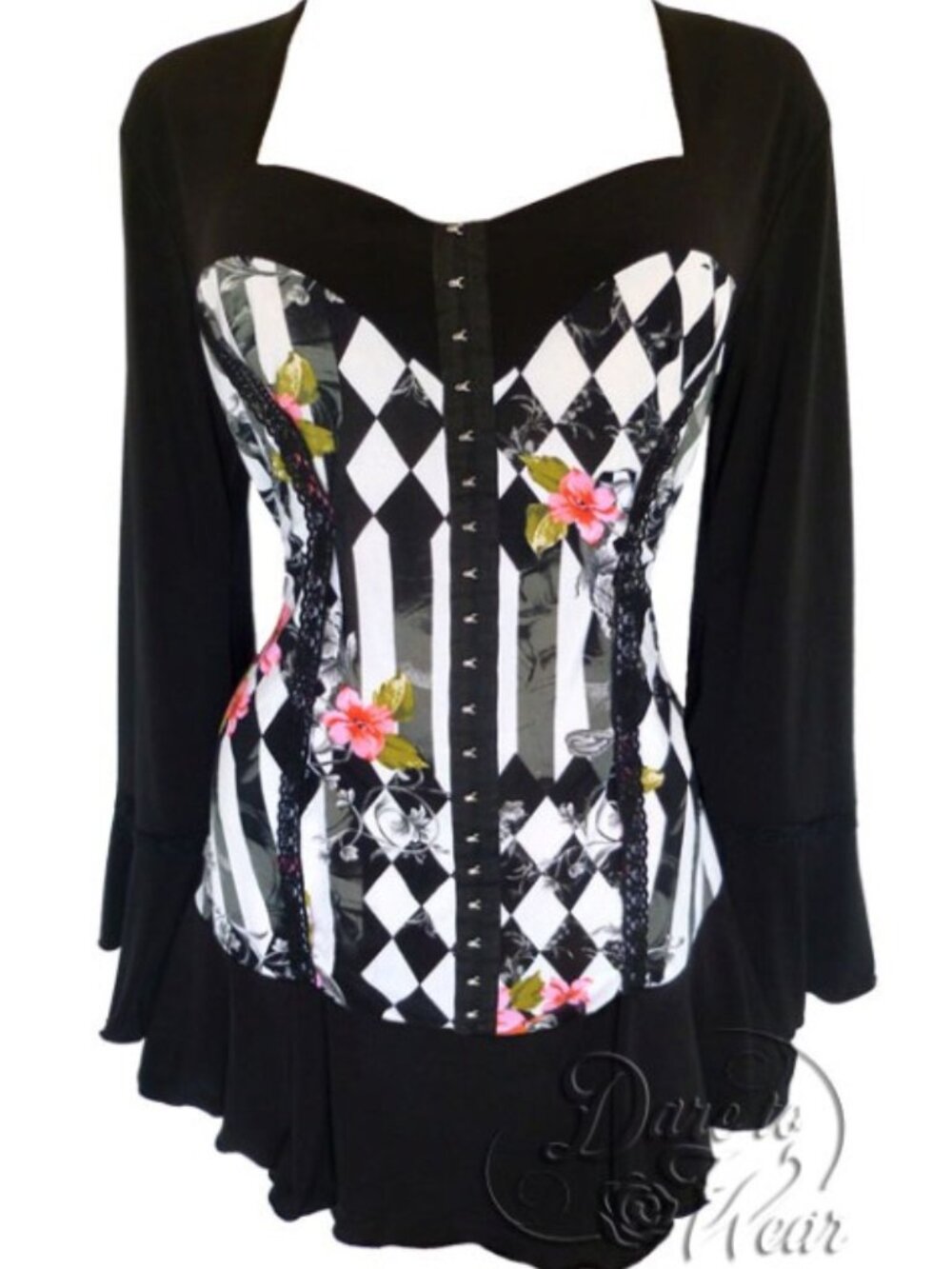 Floral Dare to Wear Fashion Goth Black & White Checkered Corsetta Top Wonderland